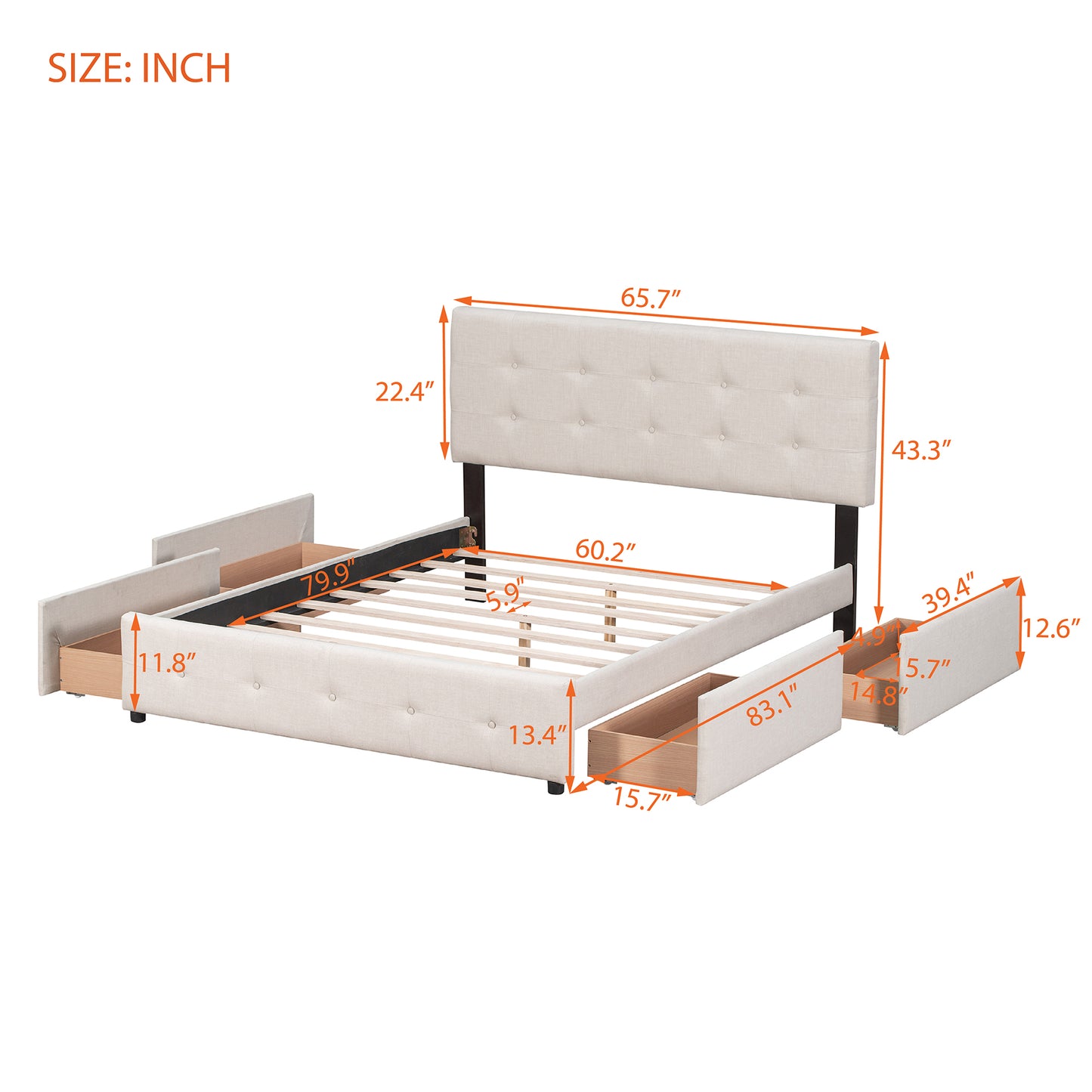 Beige Upholstered Storage Queen Bed