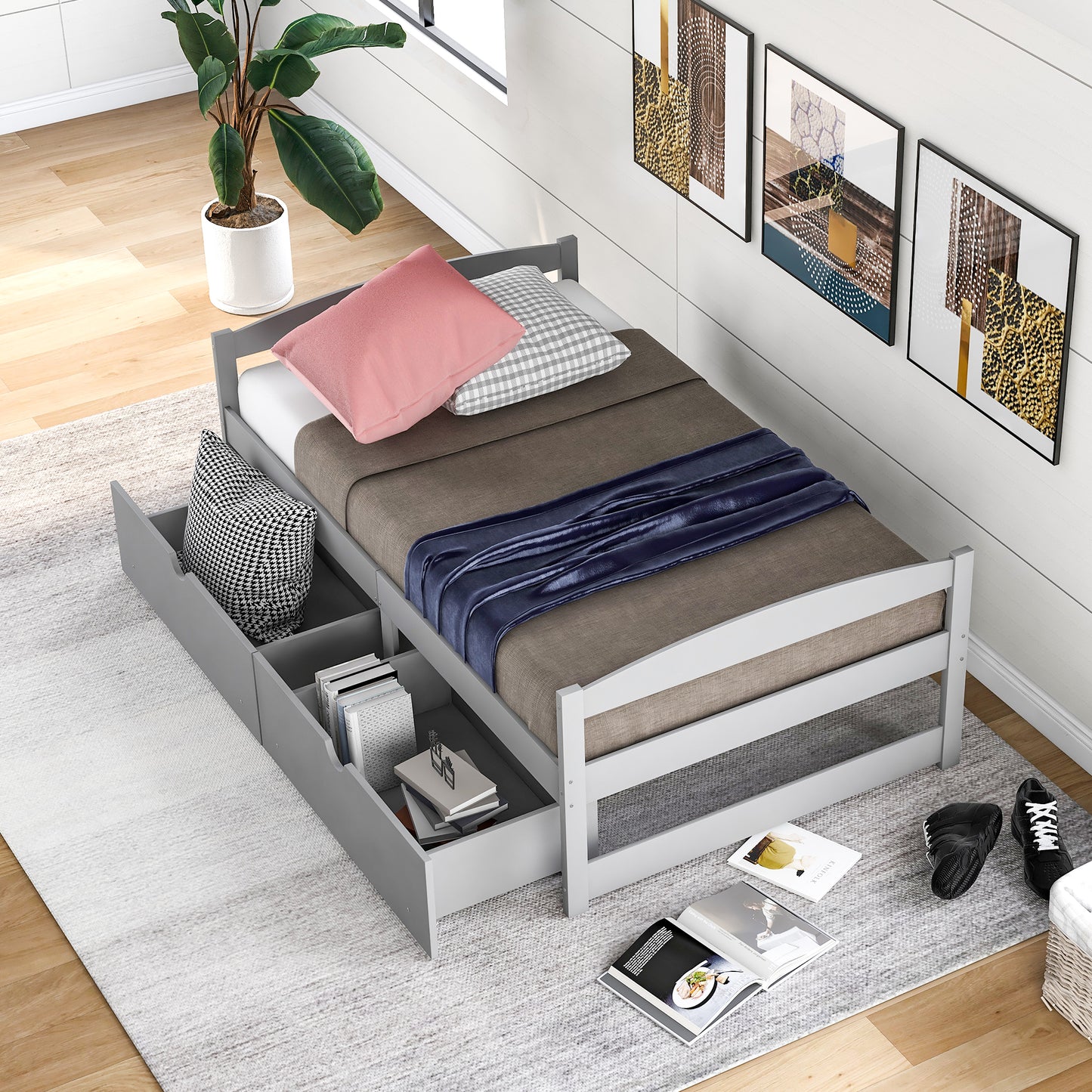Grey Pine Storage Twin Bed