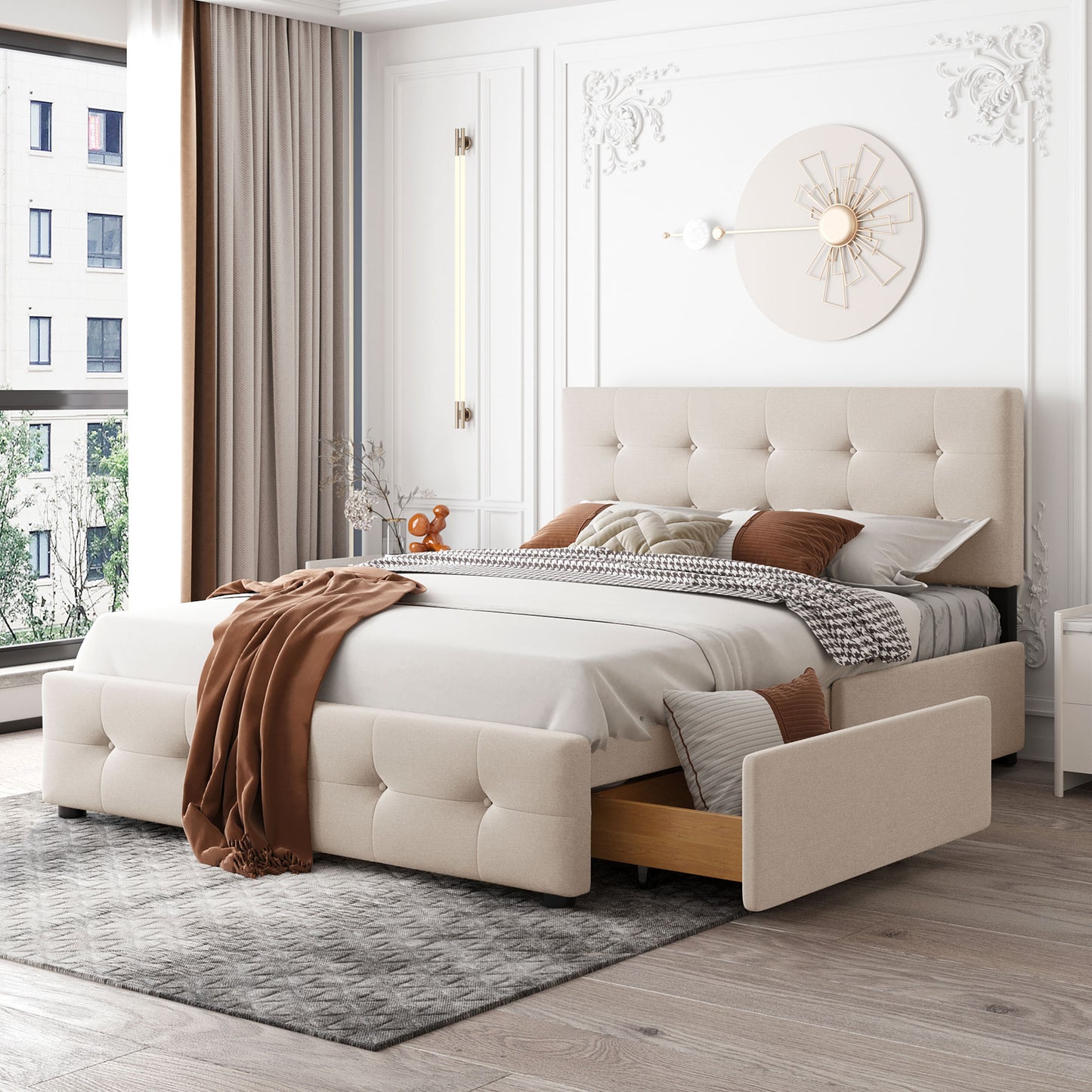 Beige Upholstered Storage Queen Bed