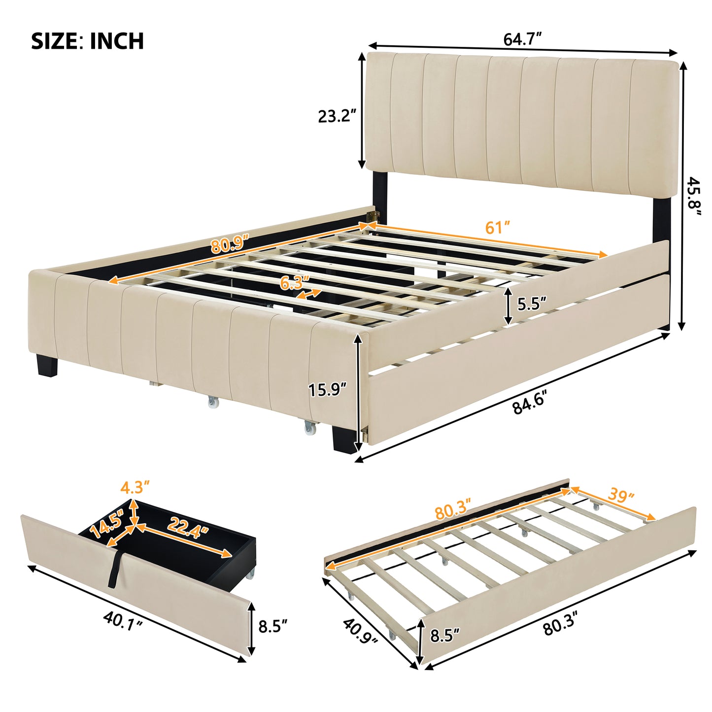 Beige Upholstered Storage Queen Bed