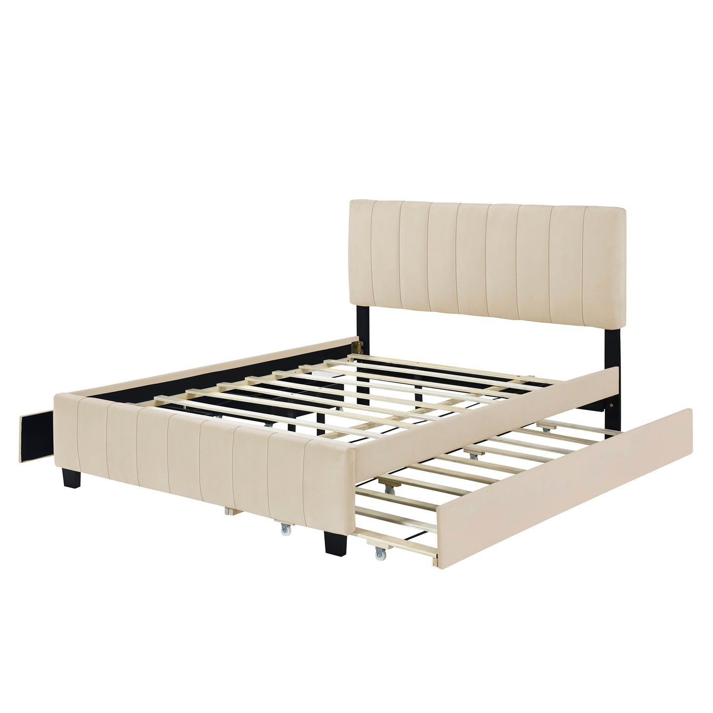 Beige Upholstered Storage Queen Bed