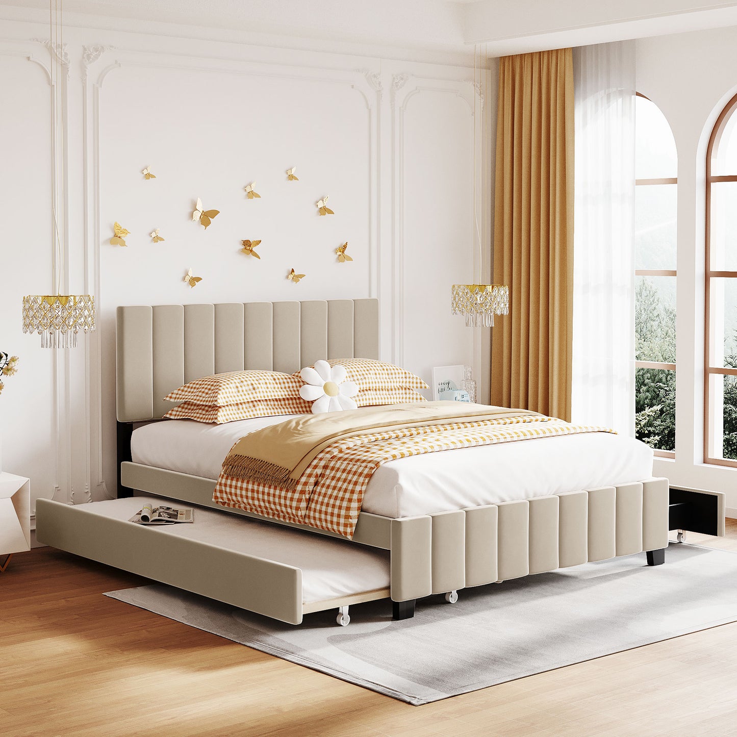 Beige Upholstered Storage Queen Bed