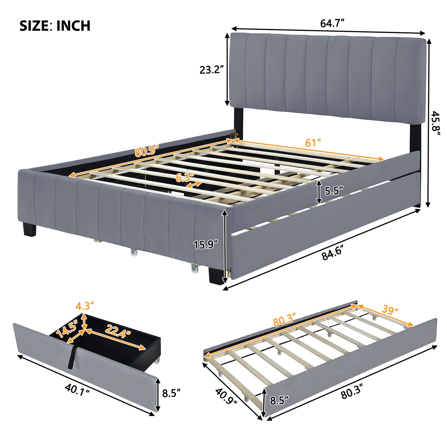 Grey Upholstered Storage Queen Bed
