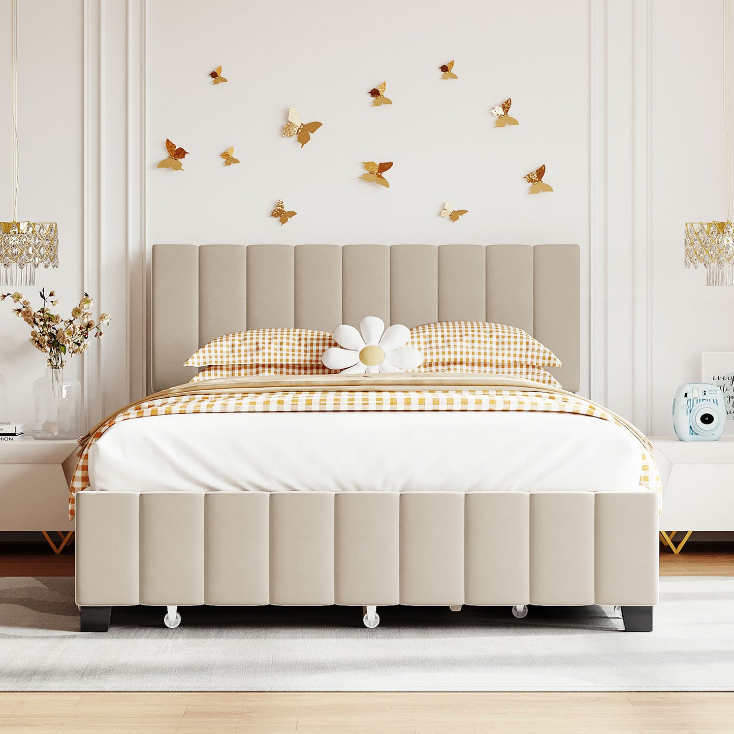 Beige Upholstered Storage Queen Bed