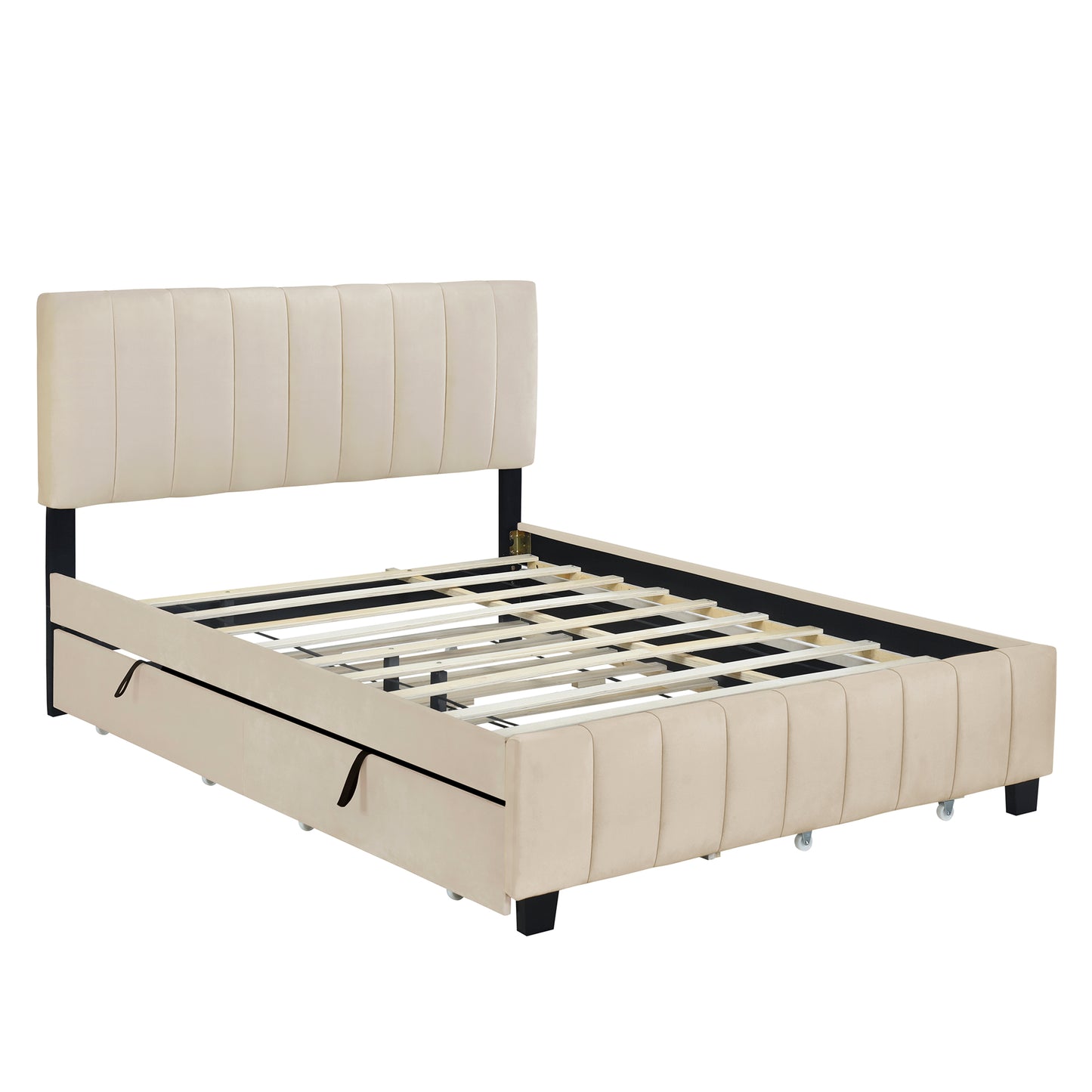 Beige Upholstered Storage Queen Bed