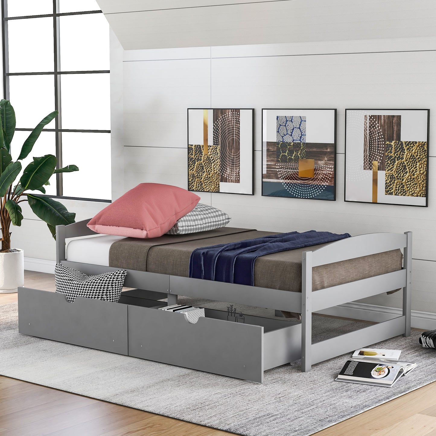 Grey Pine Storage Twin Bed