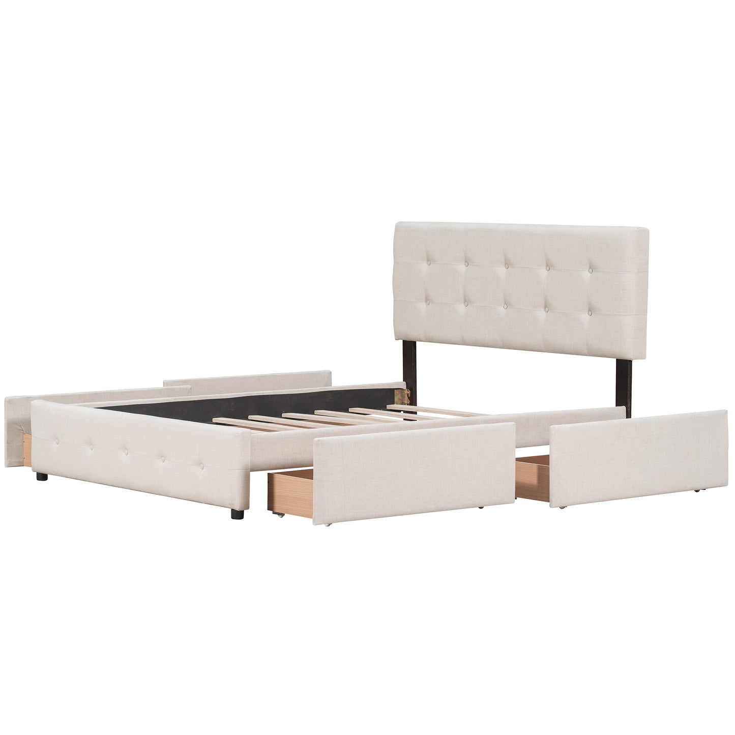 Beige Upholstered Storage Queen Bed