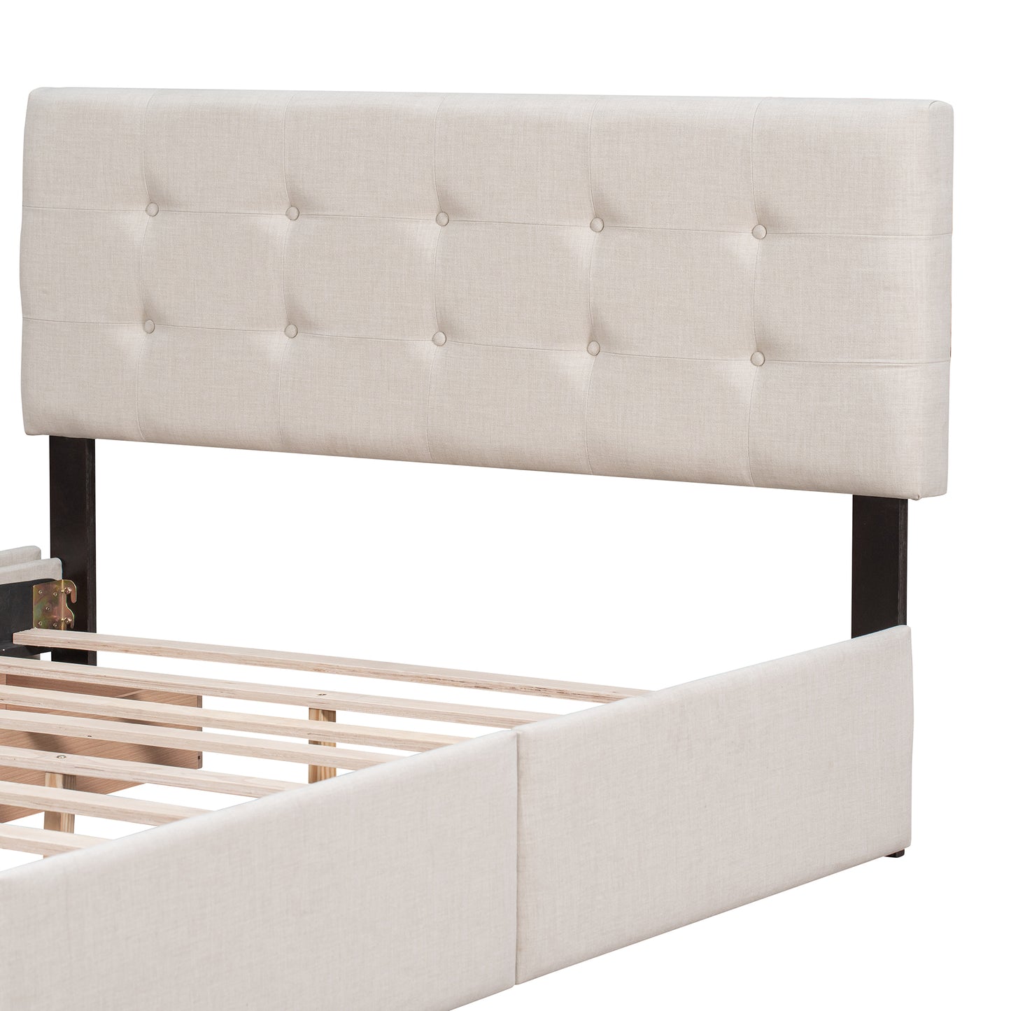 Beige Upholstered Storage Queen Bed