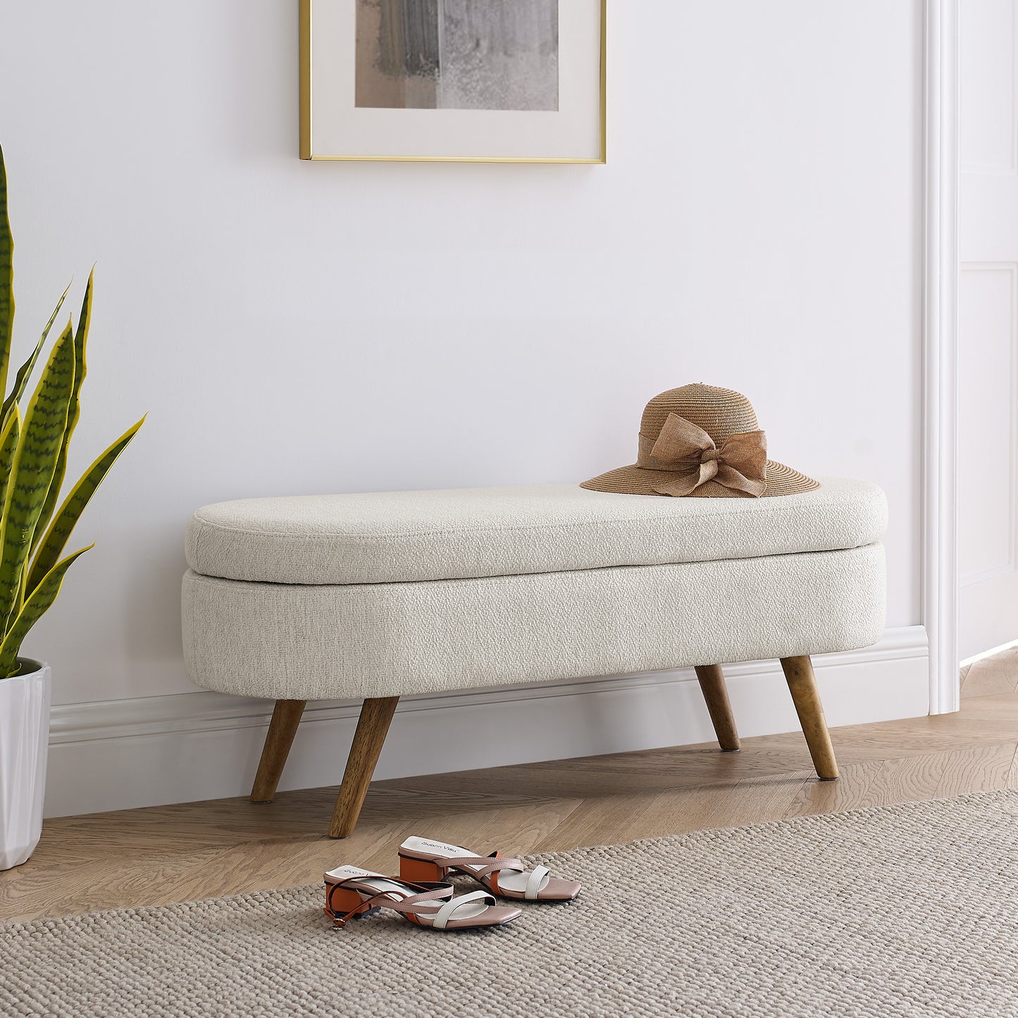 Beige Oval Storage Ottoman Bench