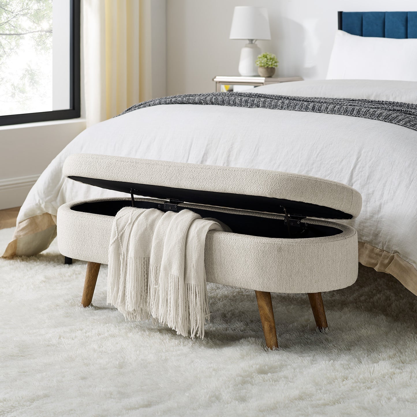 Beige Oval Storage Ottoman Bench