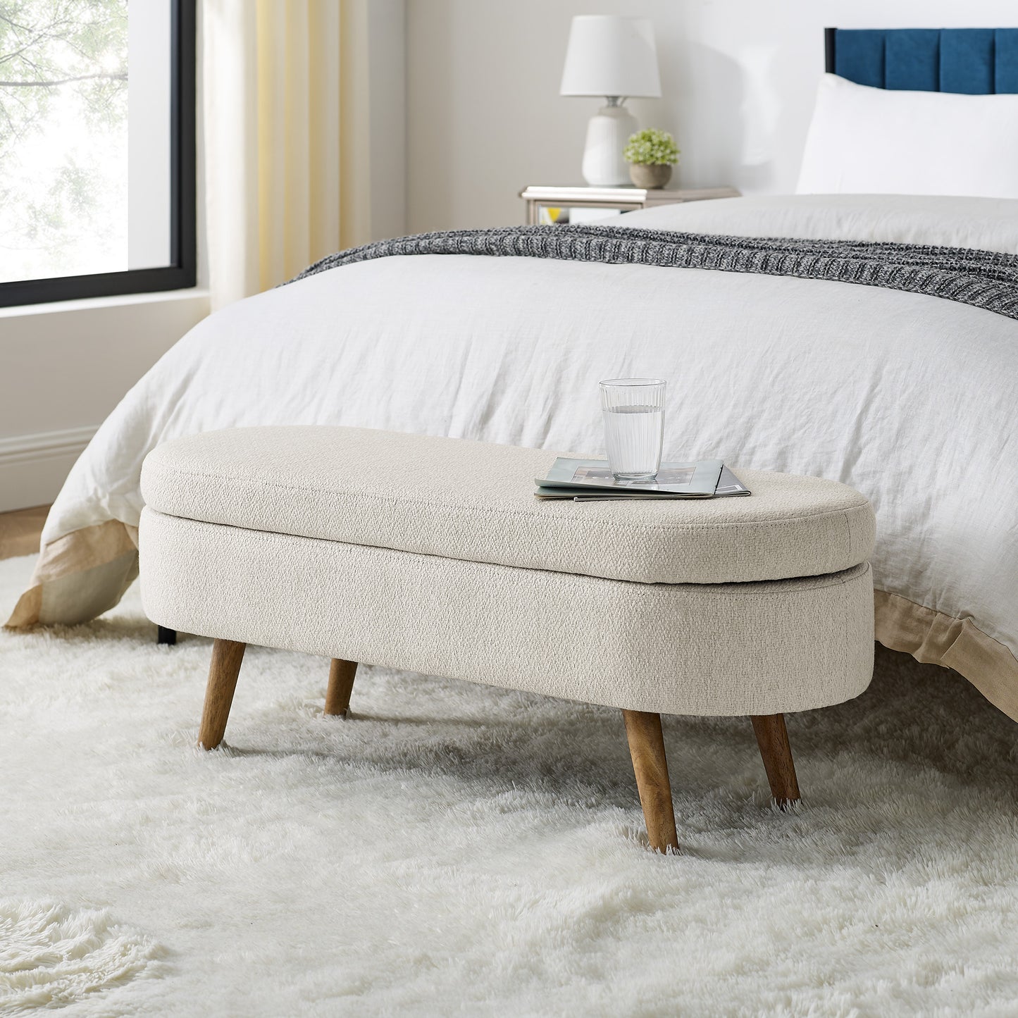 Beige Oval Storage Ottoman Bench